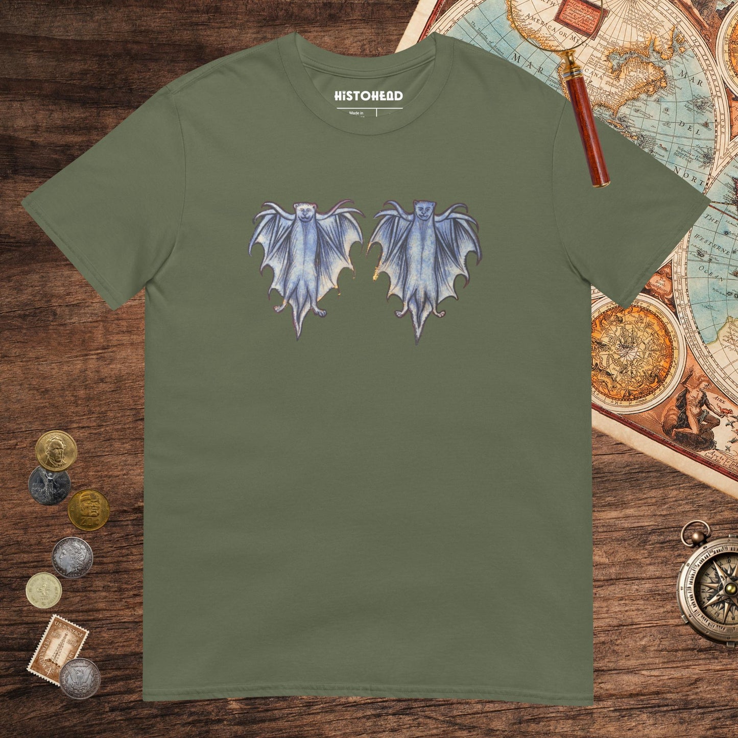 Military Green Two Weird Medieval Bats Tee - history buff gift by HistoHead