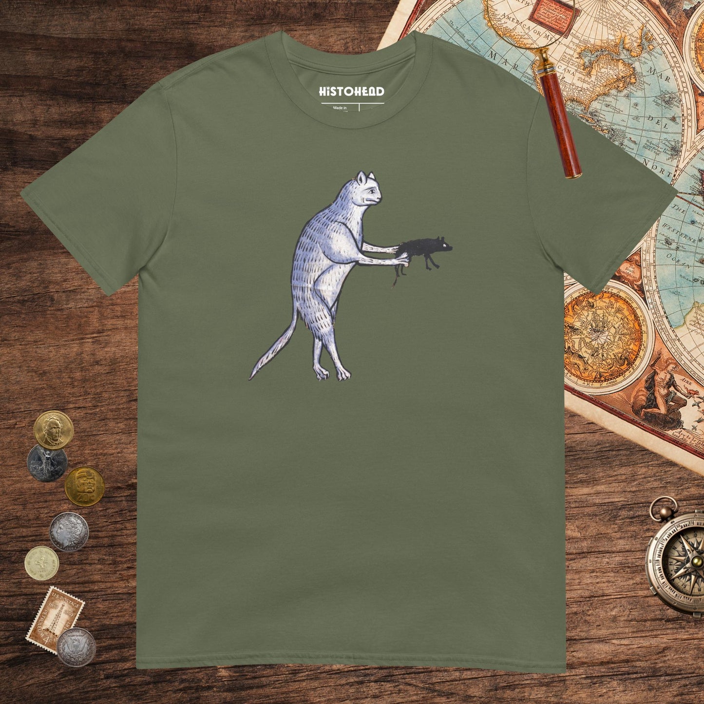 Military Green Weird Medieval Cat's Mouse-Gun Tee - history buff gift by HistoHead
