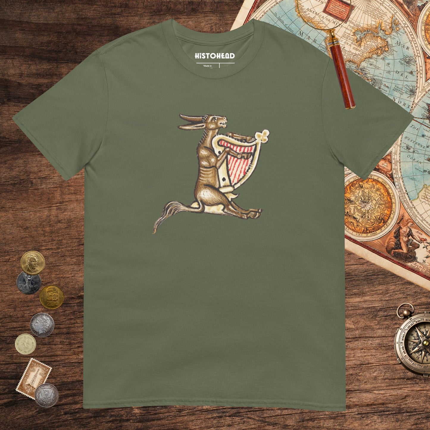 Military Green Weird Medieval Donkey Harpist Tee - history buff gift by HistoHead