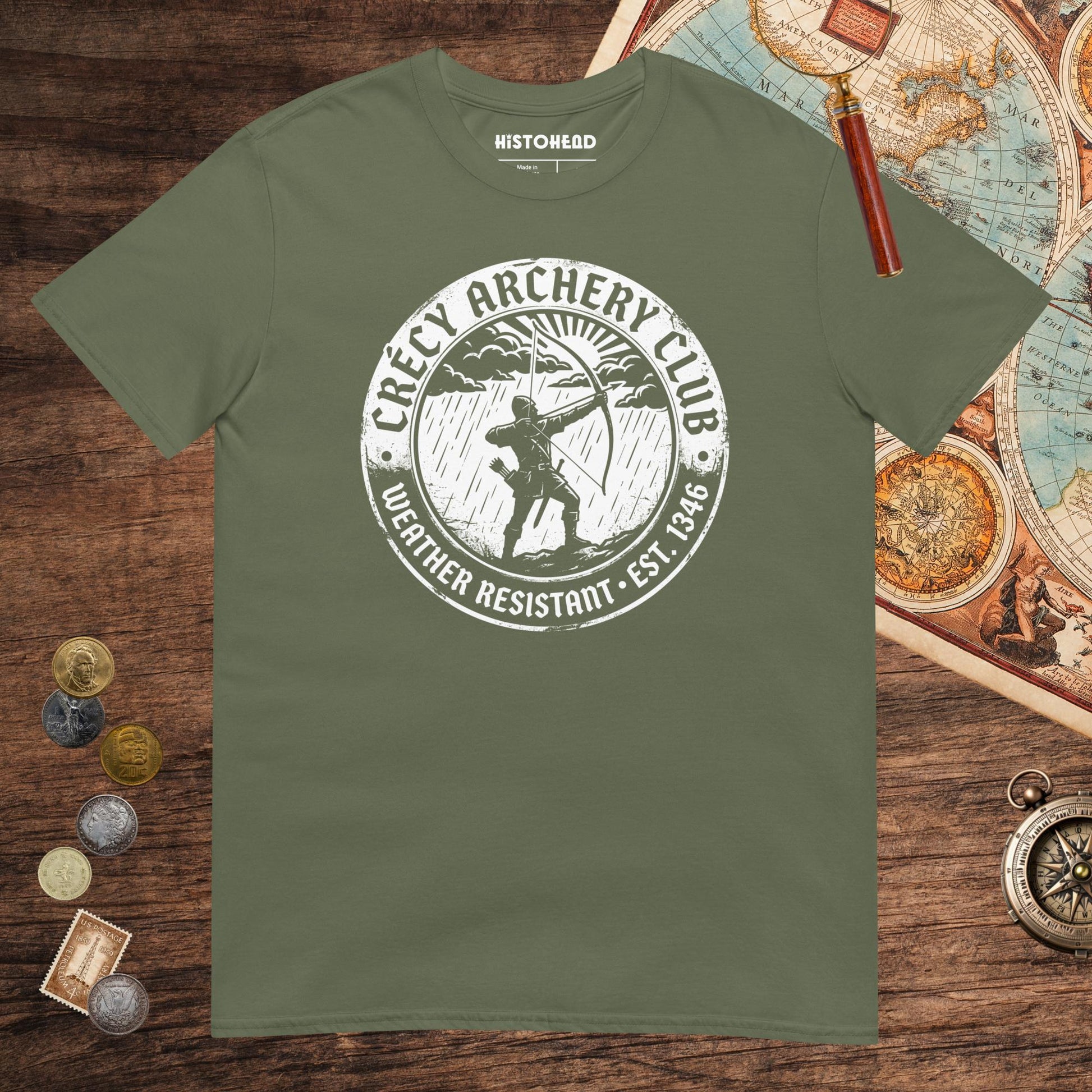 Military Green Crecy Archery Club Tee - history buff gift by HistoHead