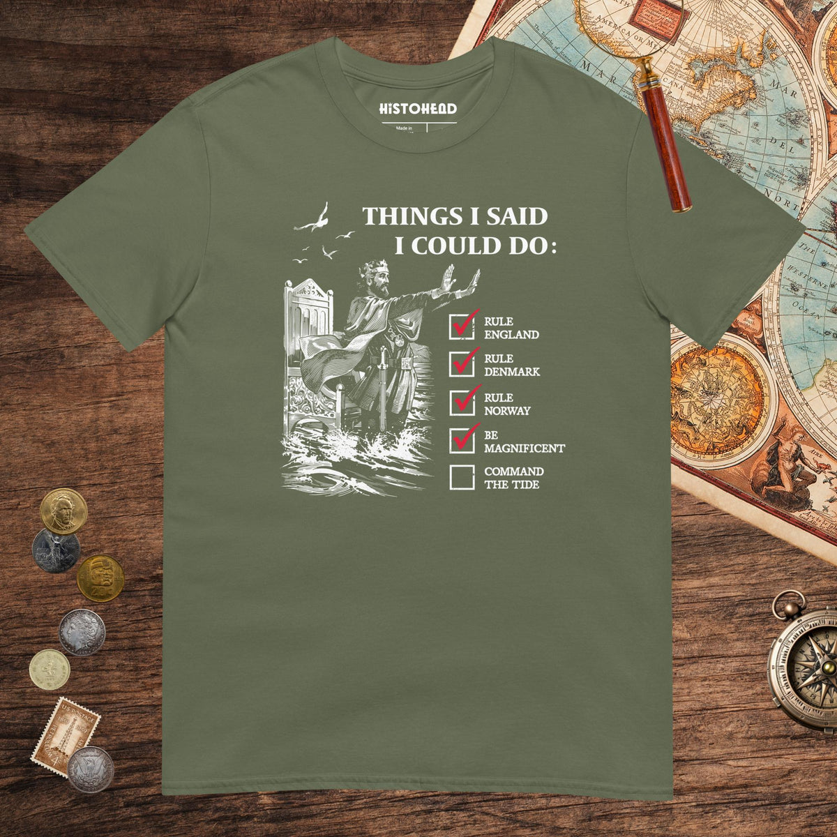Military Green Cnut the Great Commanding the Tide Tee - history buff gift by HistoHead