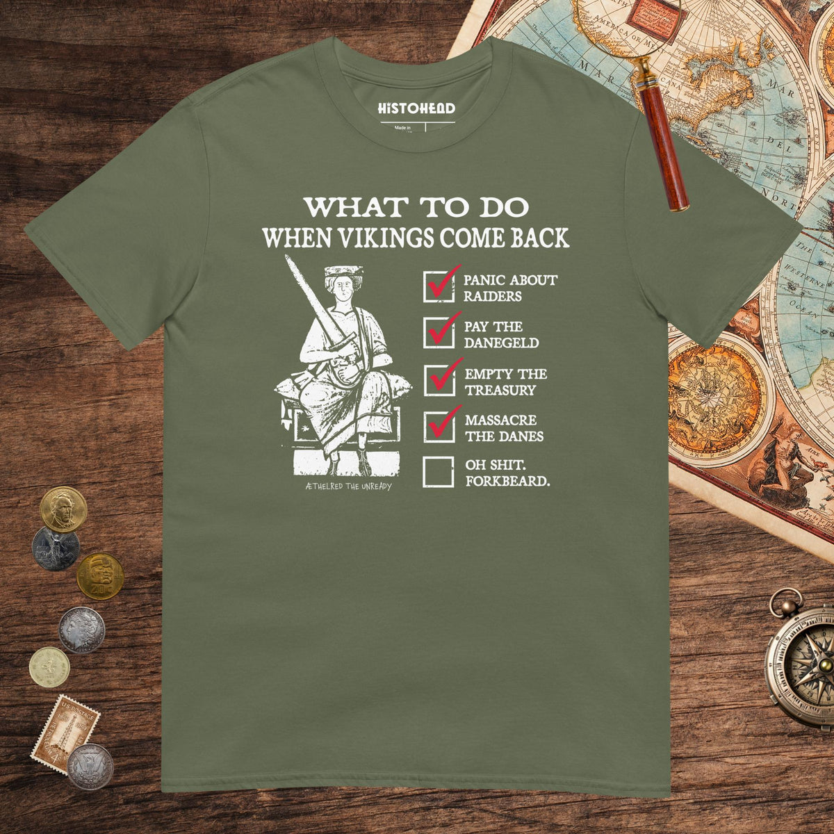 Military Green Æthelred the Unready Viking Raid Survival Guide Tee - history buff gift by HistoHead