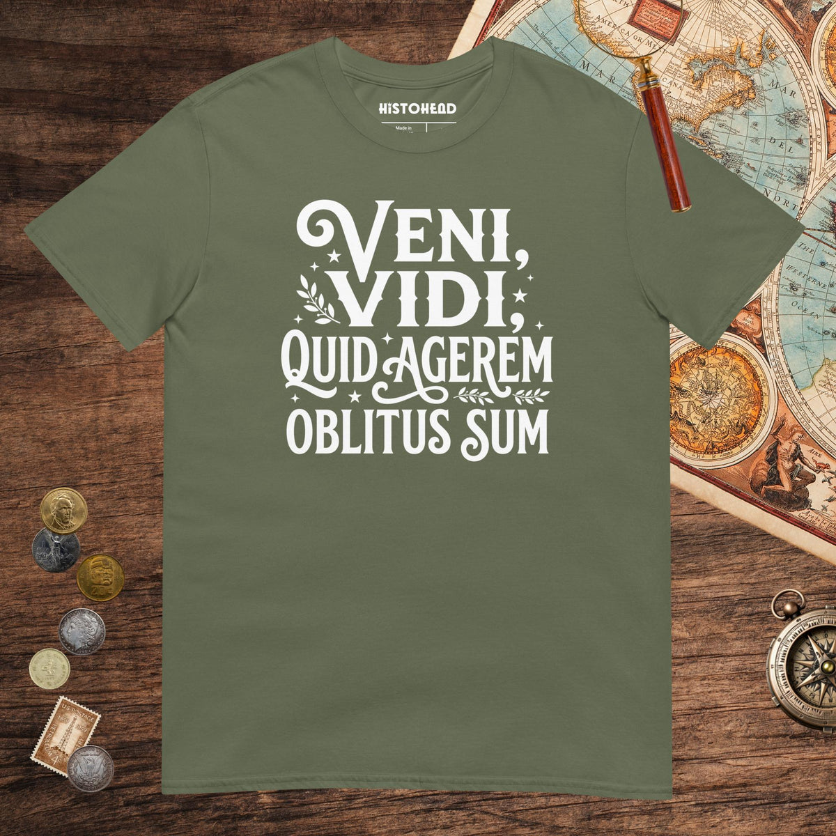 Military Green Latin I Came I Saw I Forgot I Was Doing Tee - history buff gift by HistoHead