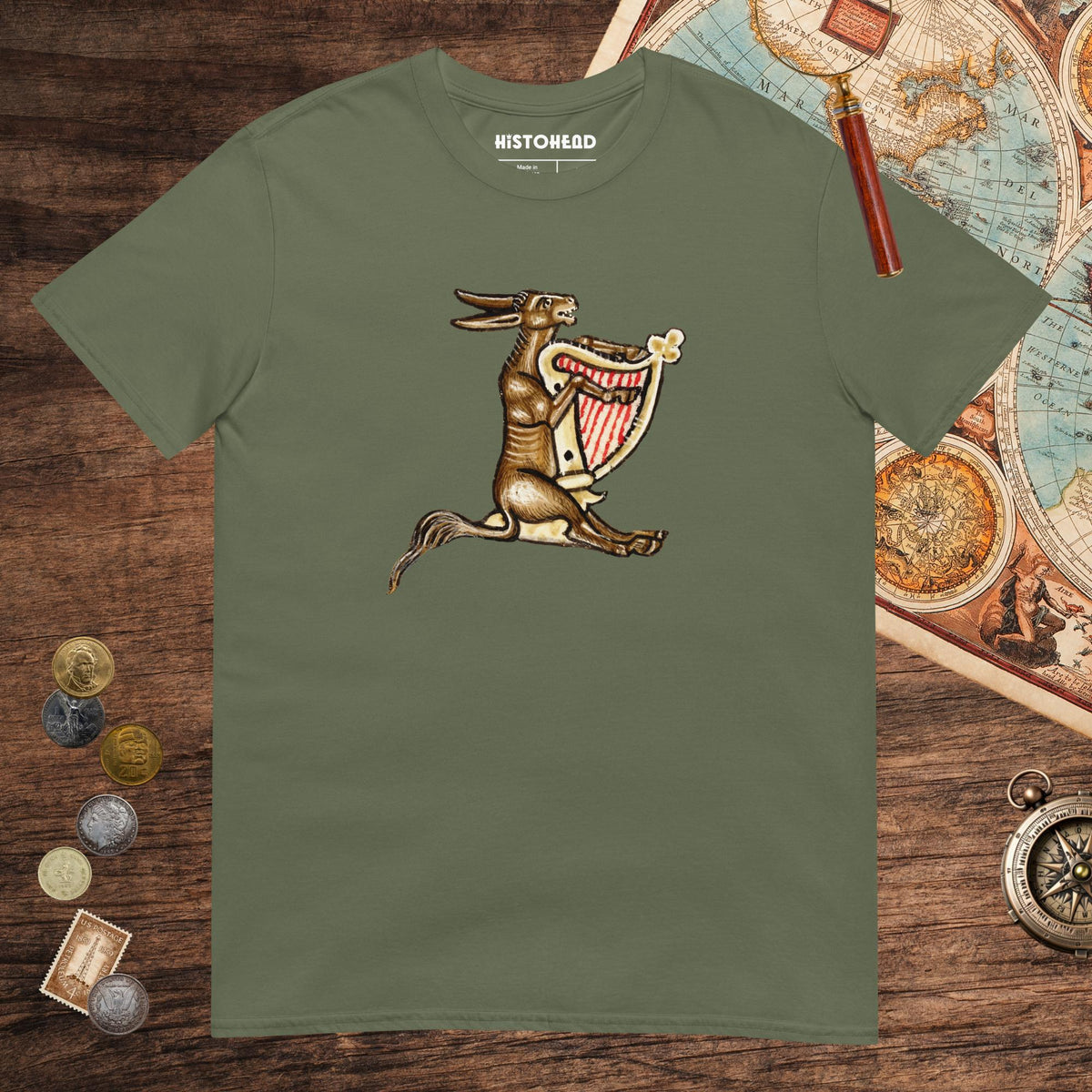 Military Green Weird Medieval Donkey Harpist Tee - history buff gift by HistoHead