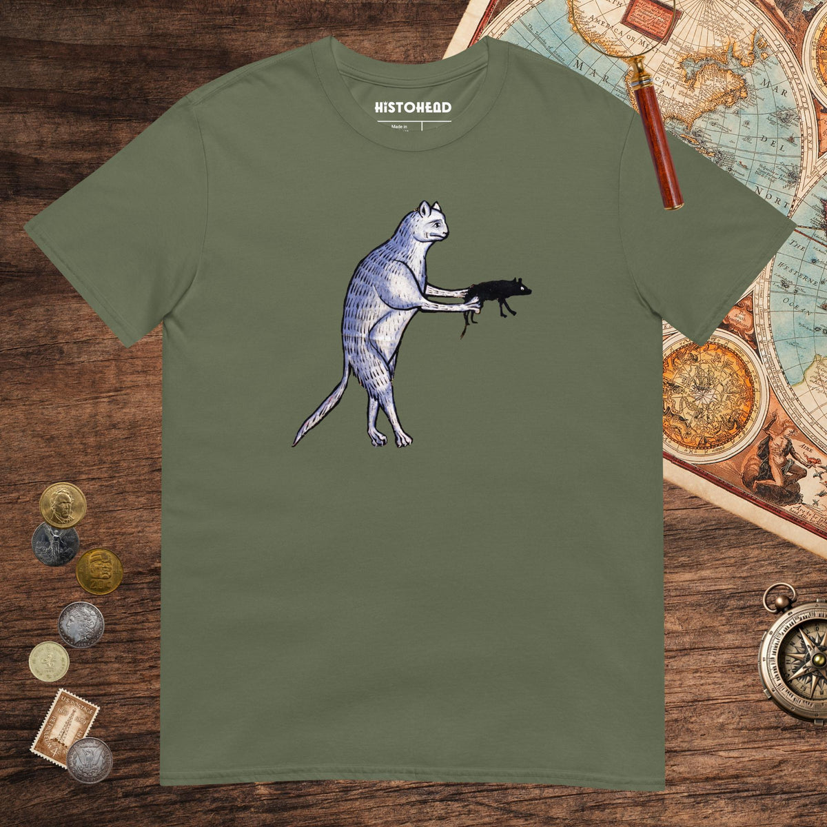 Military Green Weird Medieval Cat's Mouse-Gun Tee - history buff gift by HistoHead