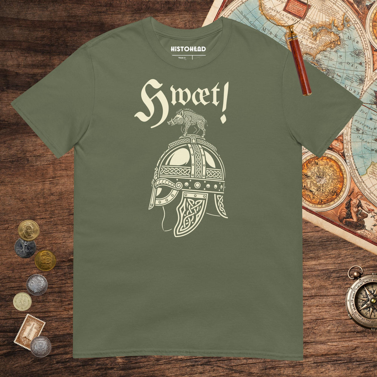 Military Green Hwæt Boar-Crested Helmet Tee - history buff gift by HistoHead