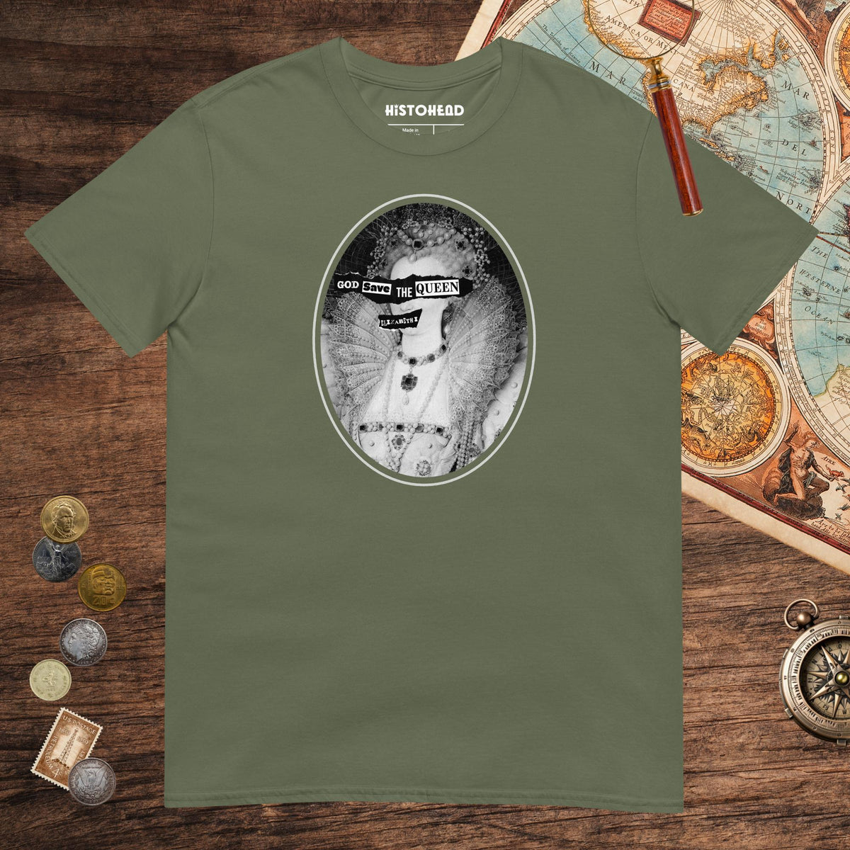Military Green God Save the Queen Elizabeth I Tee - history buff gift by HistoHead