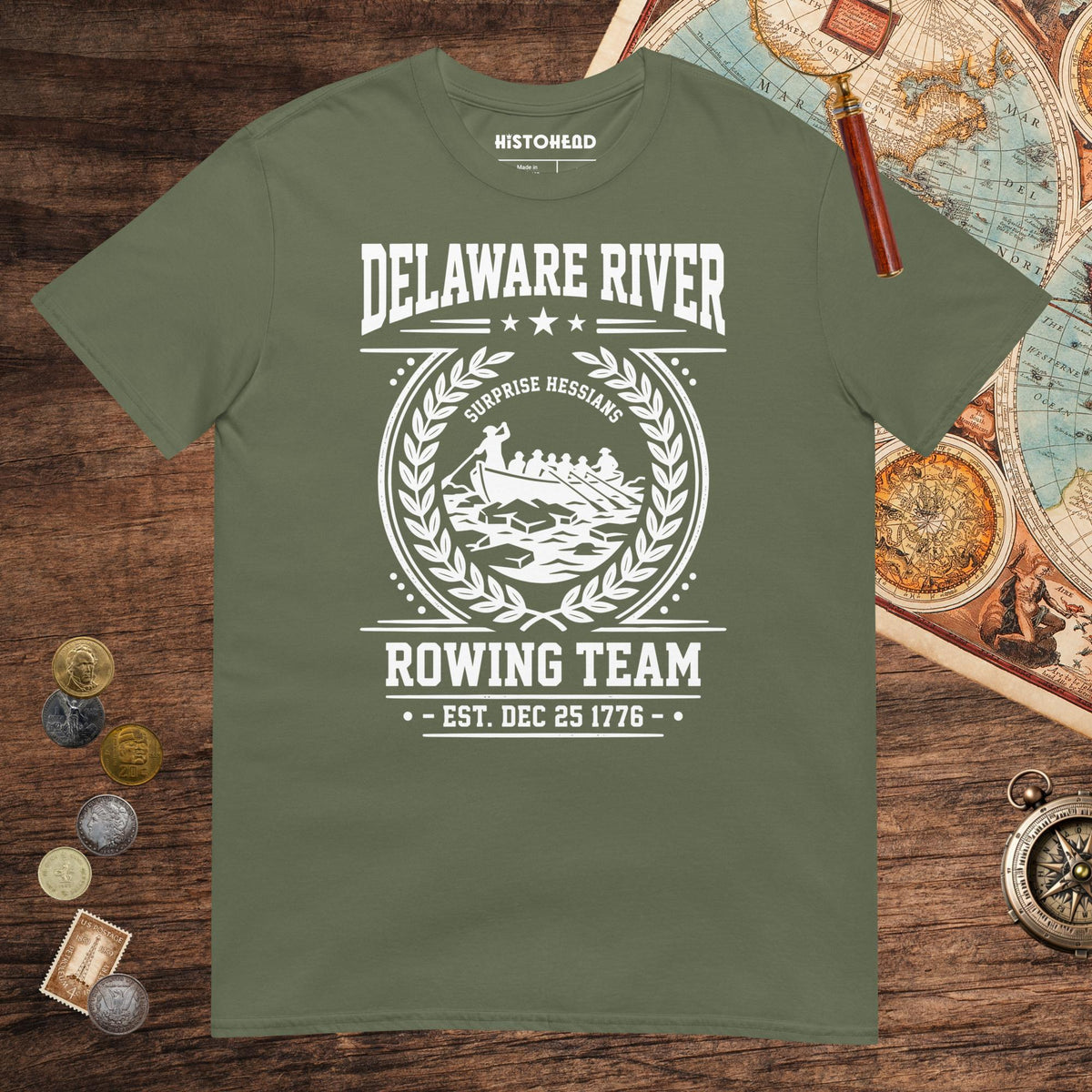 Military Green Delaware River Rowing Team Tee - history buff gift by HistoHead