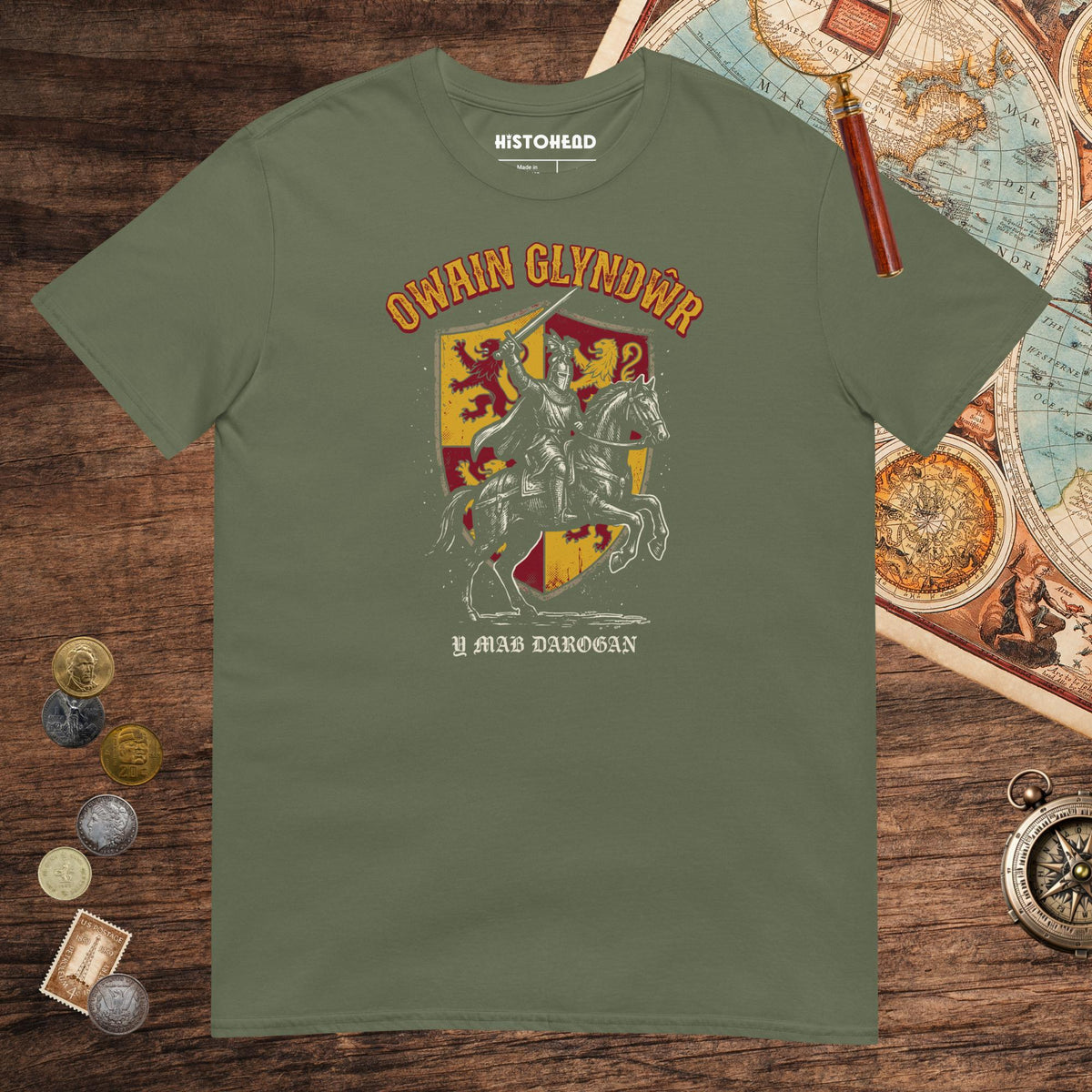 Military Green Owain Glyndwr Tee - history buff gift by HistoHead