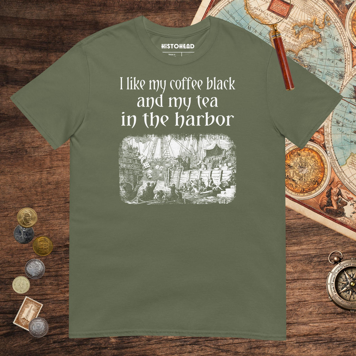 Military Green Coffee Black Tea in the Harbor Tee - history buff gift by HistoHead