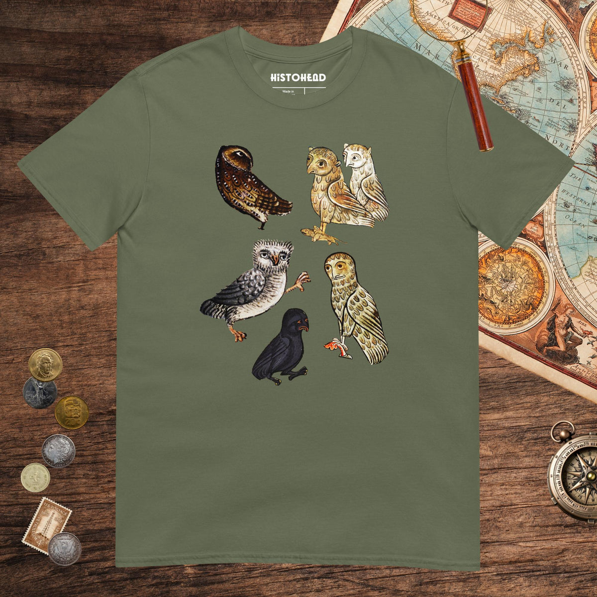 Military Green Weird Medieval Owls Tee - history buff gift by HistoHead