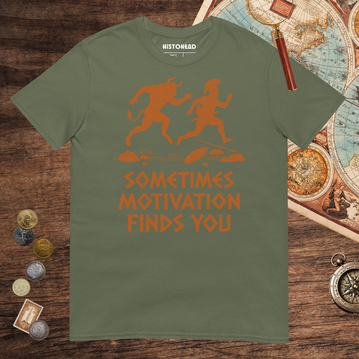 Military Green Motivation Finds You Minotaur Edition Tee - history buff gift by HistoHead