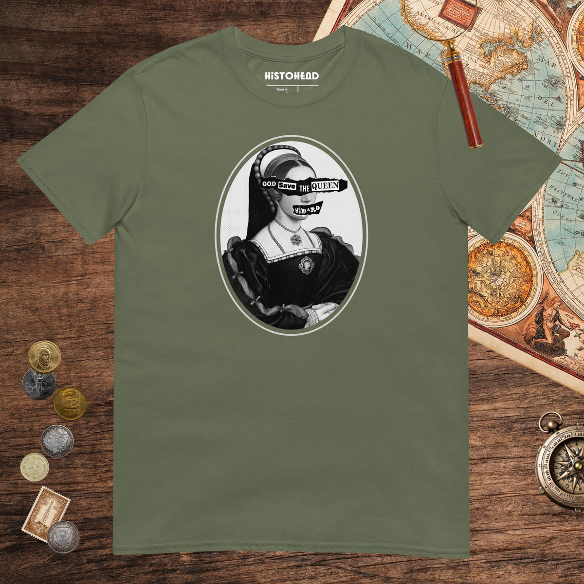 Military Green God Save the Queen Catherine Howard Tee - history buff gift by HistoHead
