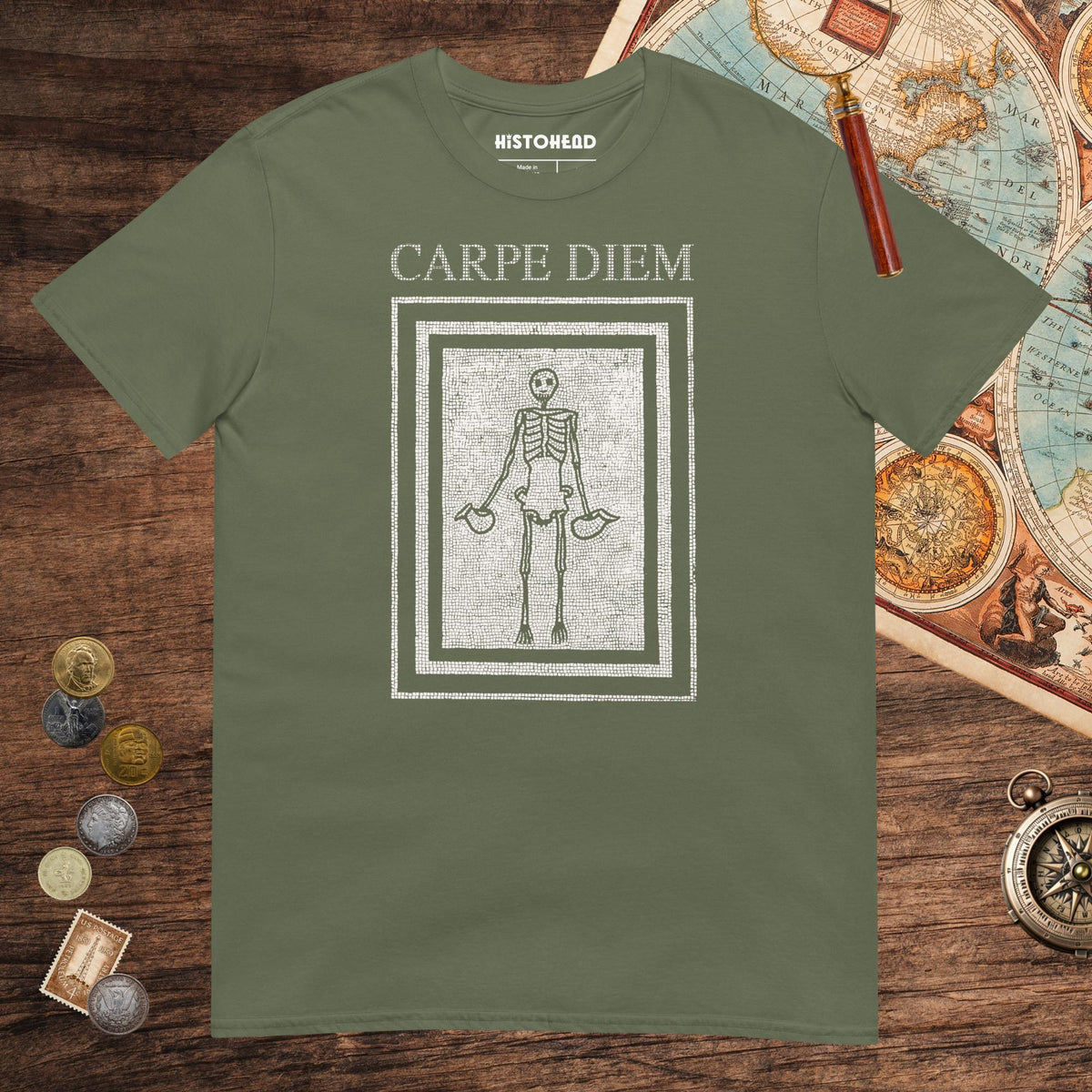 Military Green Carpe Diem Skeleton Tee - history buff gift by HistoHead