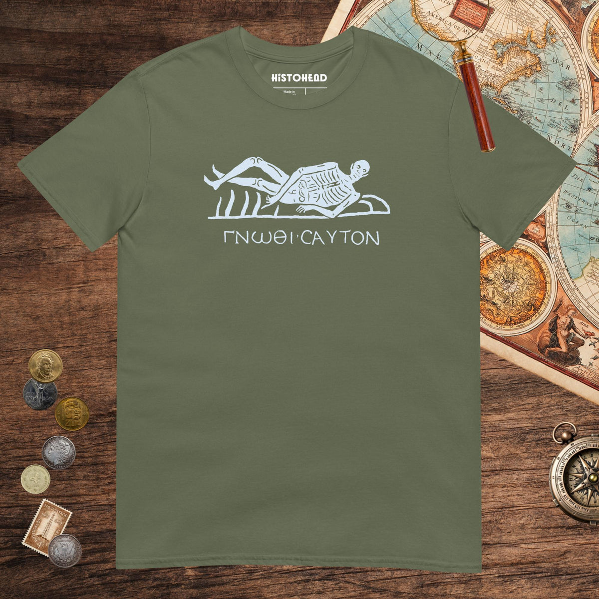 Military Green Know Thyself Skeleton Tee - history buff gift by HistoHead