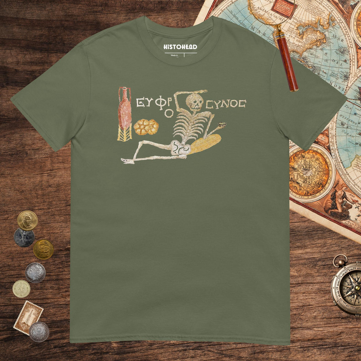 Military Green Skeleton Mosaic Tee - history buff gift by HistoHead