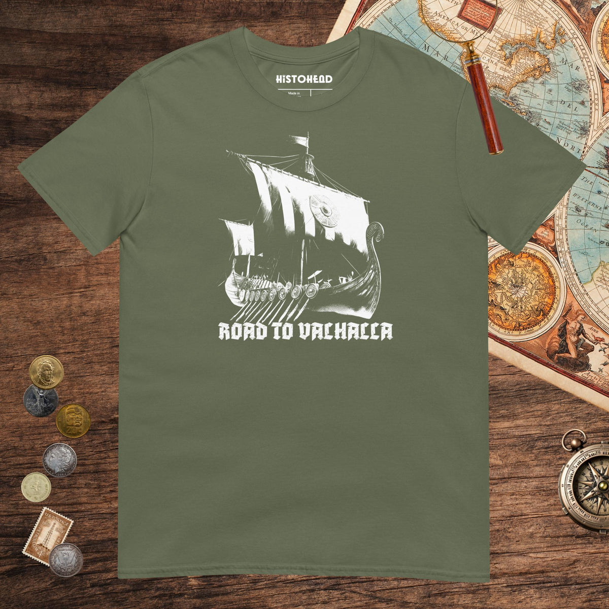 Military Green Road to Valhalla Tee - history buff gift by HistoHead