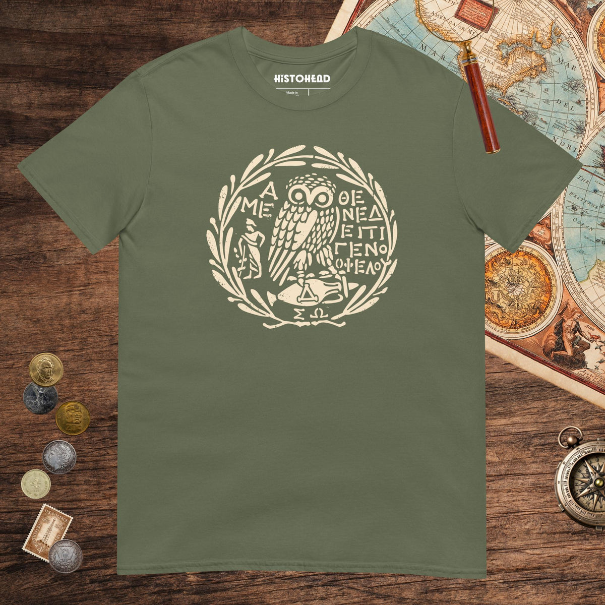 Military Green Owl of Athena 2 Tee - history buff gift by HistoHead