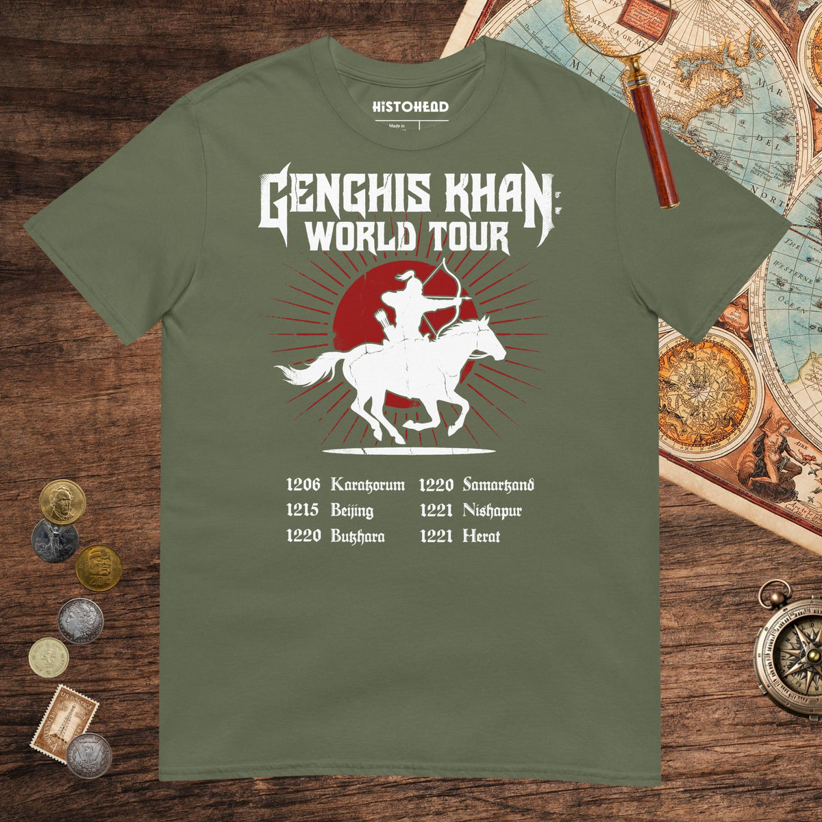 Military Green Genghis Khan World Tour Tee - history buff gift by HistoHead