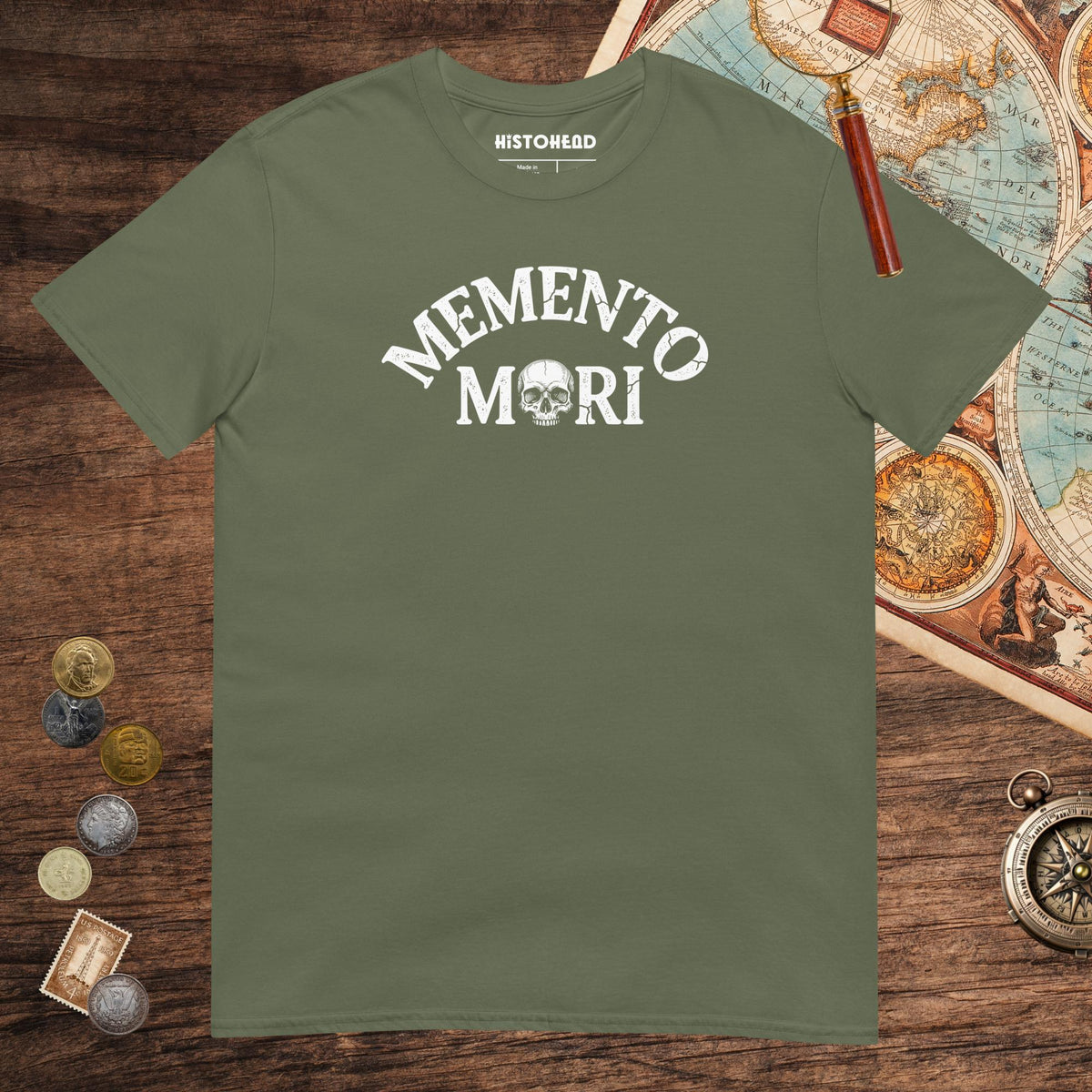 Military Green Memento Mori Tee - history buff gift by HistoHead