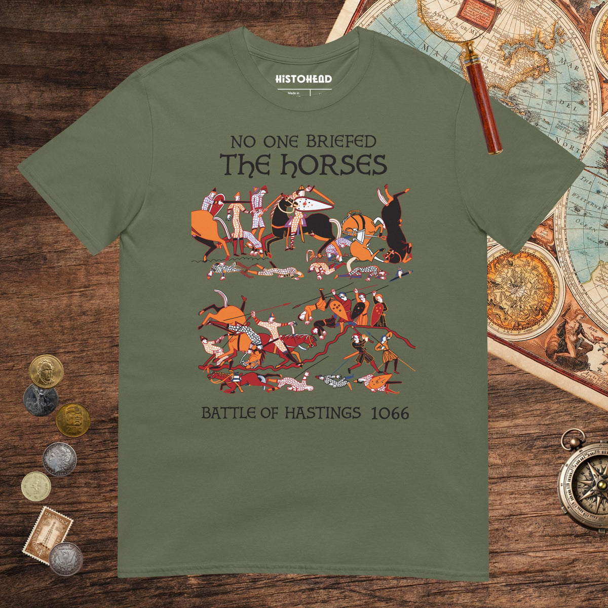Military Green Bayeux Tapestry No One Briefed the Horses Tee - history buff gift by HistoHead