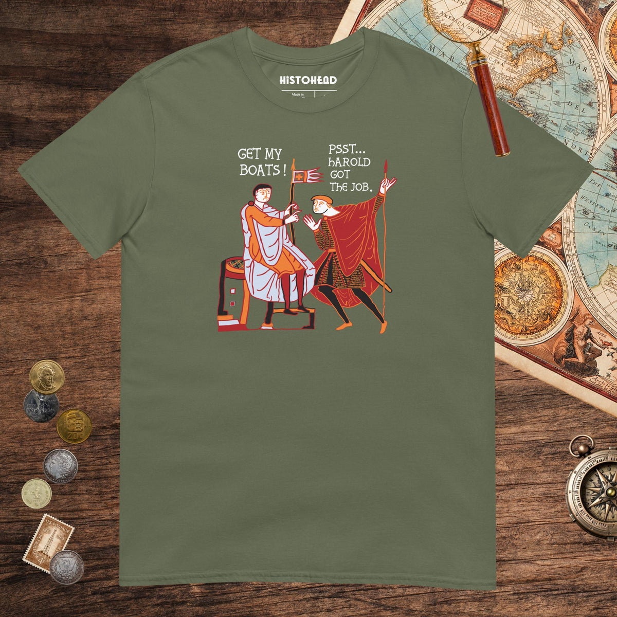 Military Green Bayeux Tapestry Harold Got the Job Tee - history buff gift by HistoHead