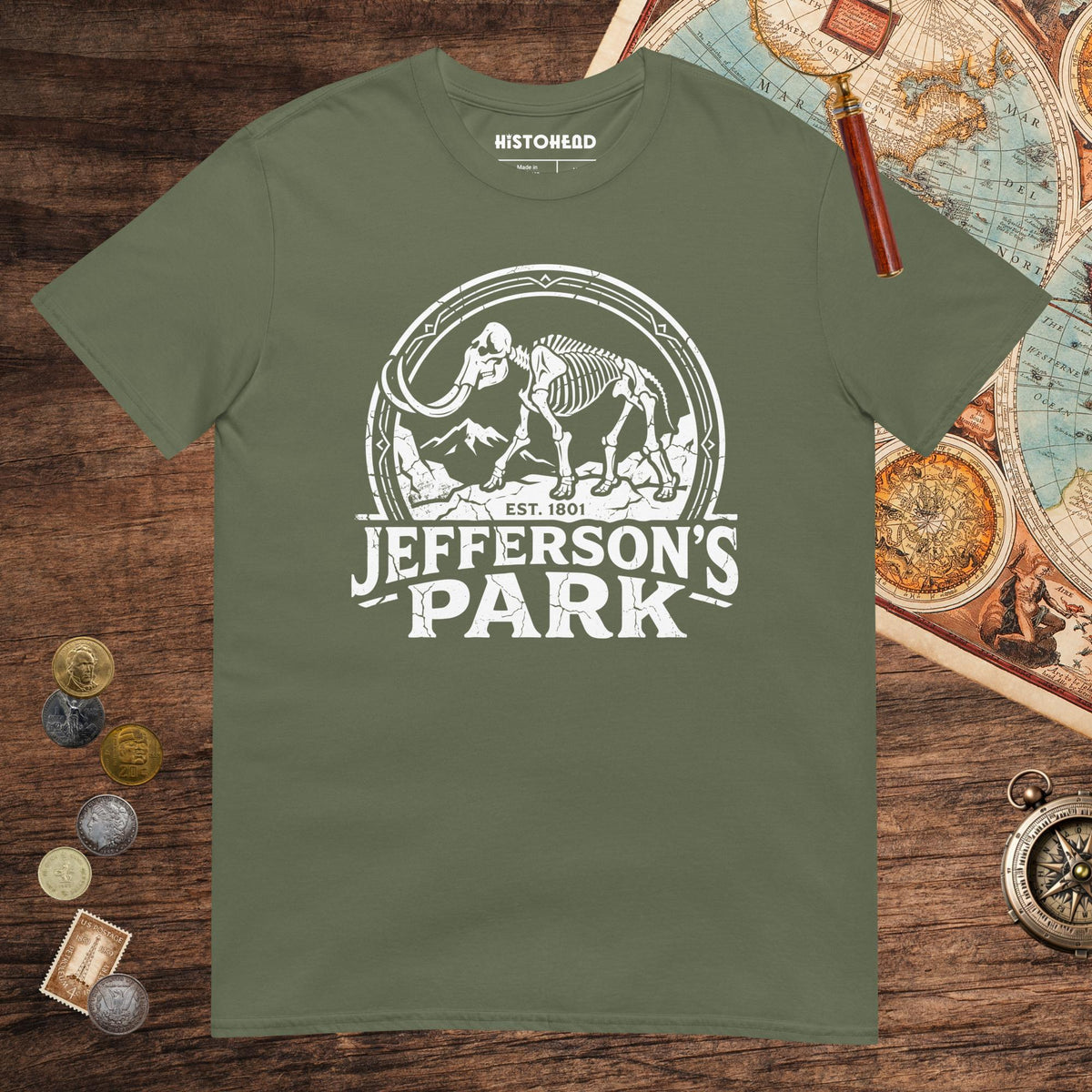Military Green Jefferson's Park Tee - history buff gift by HistoHead