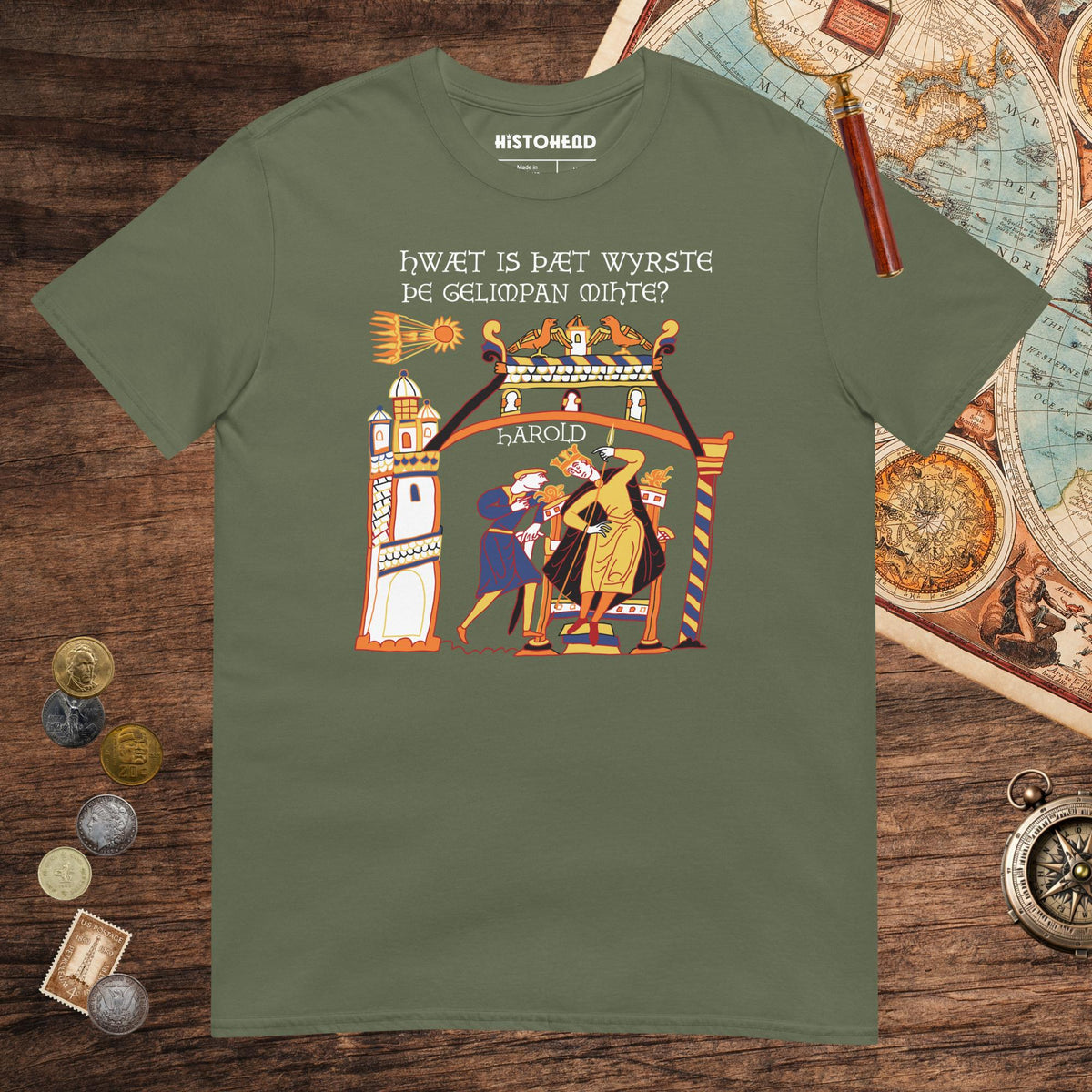 Military Green Bayeux Tapestry What's the Worst That Could Happen in Old English Tee - history buff gift by HistoHead
