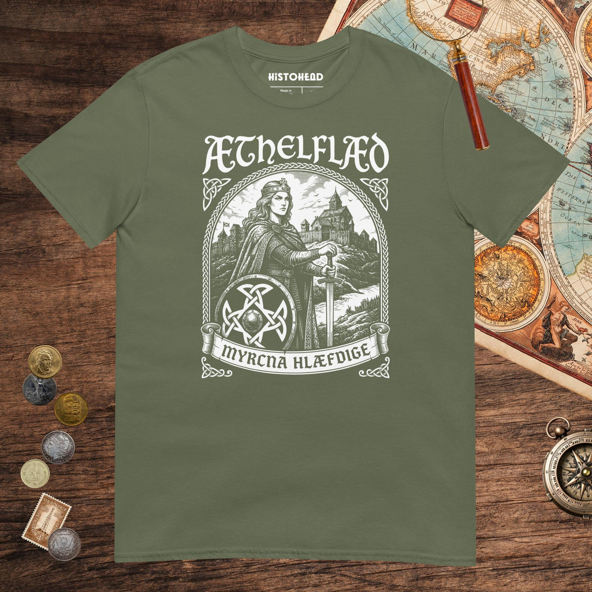 Military Green Aethelflaed Lady of the Mercians Old English Tee - history buff gift by HistoHead