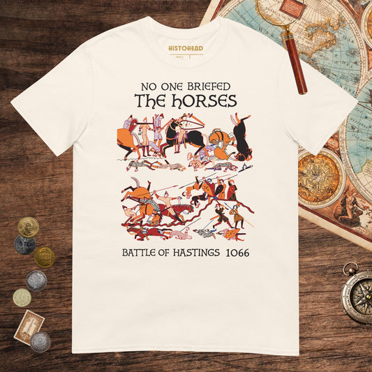 Natural Bayeux Tapestry No One Briefed the Horses Tee - history buff gift by HistoHead