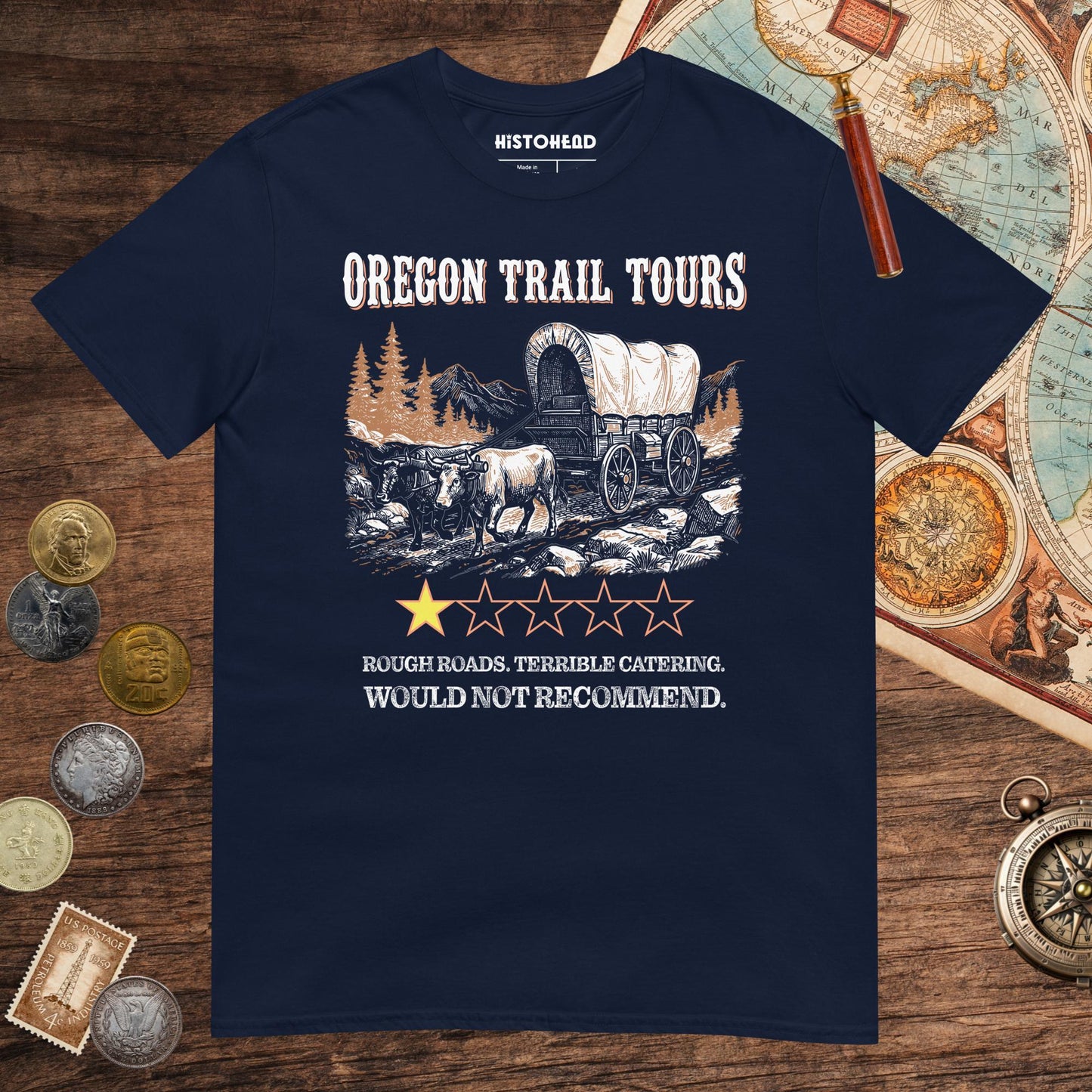Navy Oregon Trail Tours Review Tee - history buff gift by HistoHead