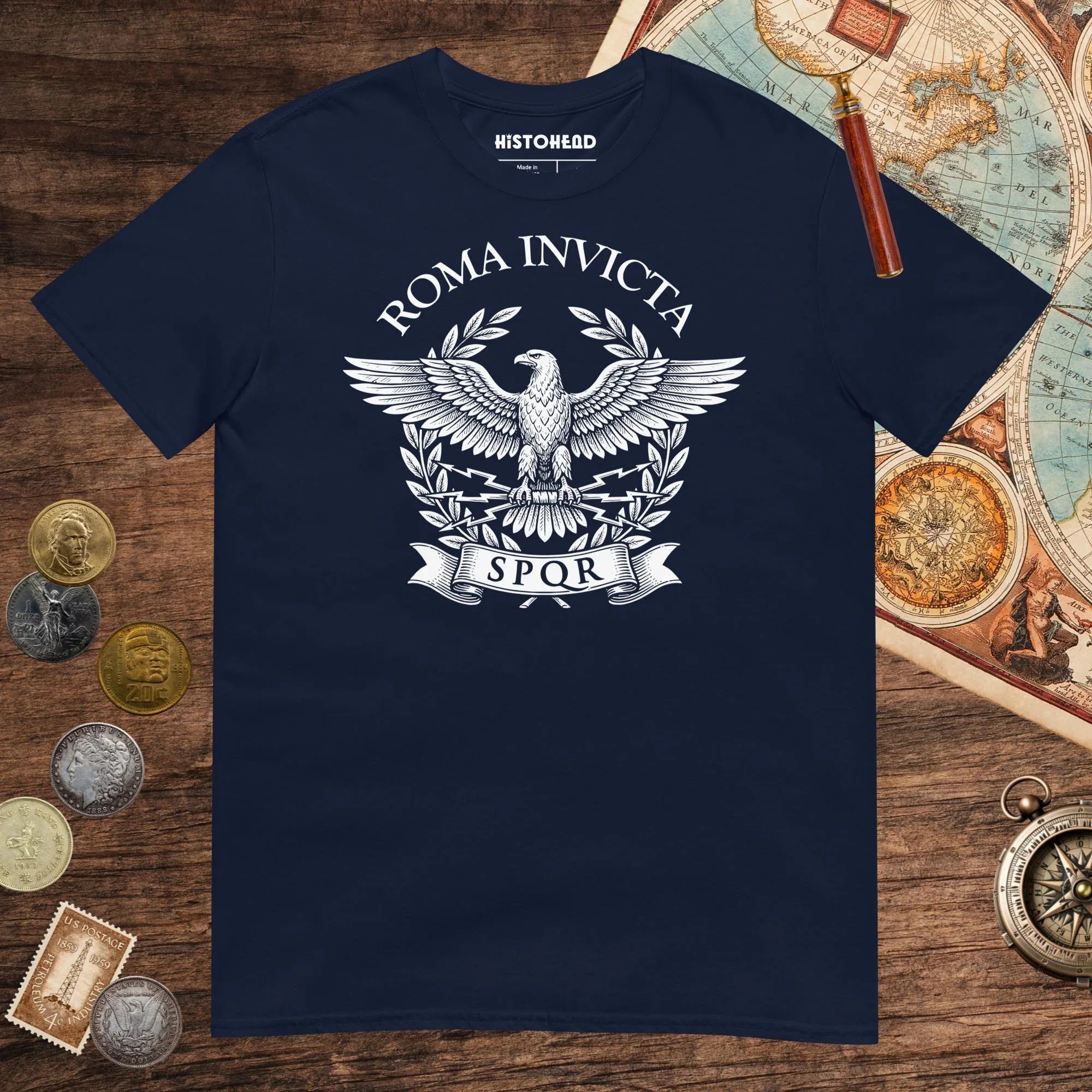 Navy Roma Invicta Tee - history buff gift by HistoHead