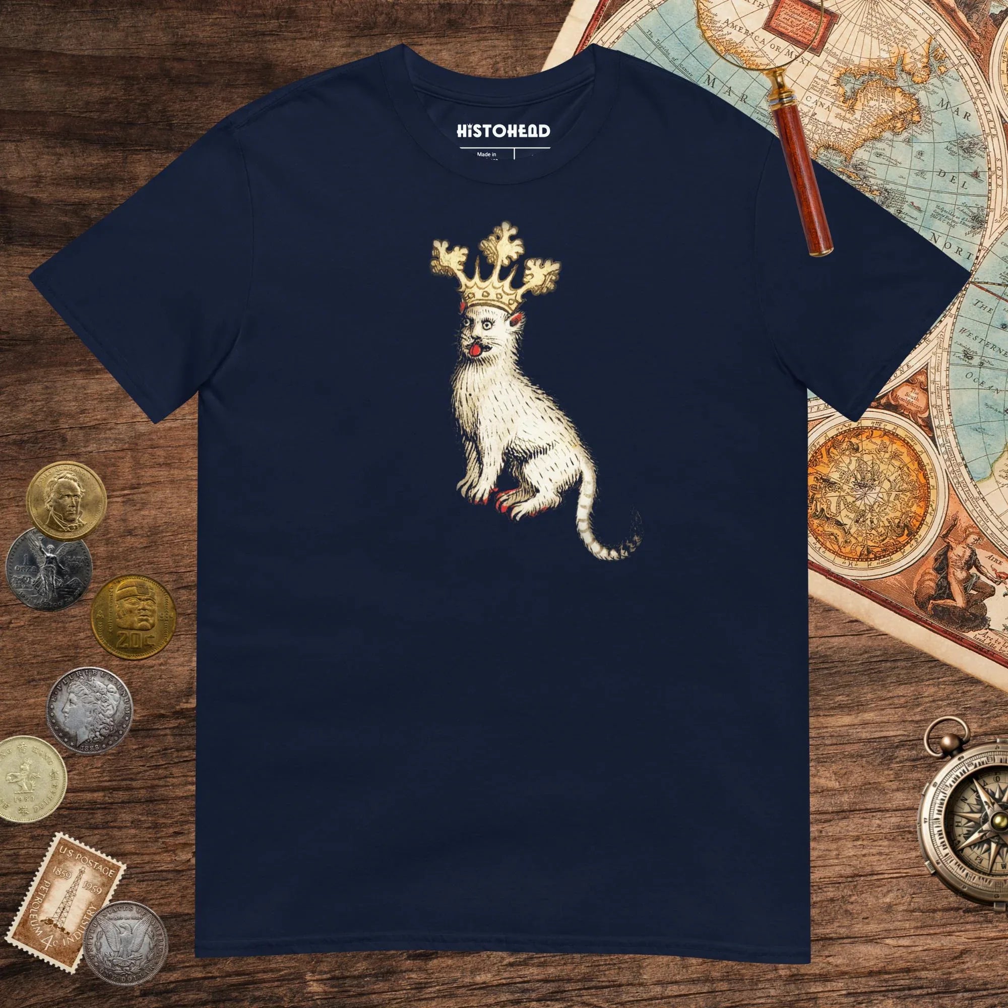 Navy Medieval Cat King Tee - history buff gift by HistoHead