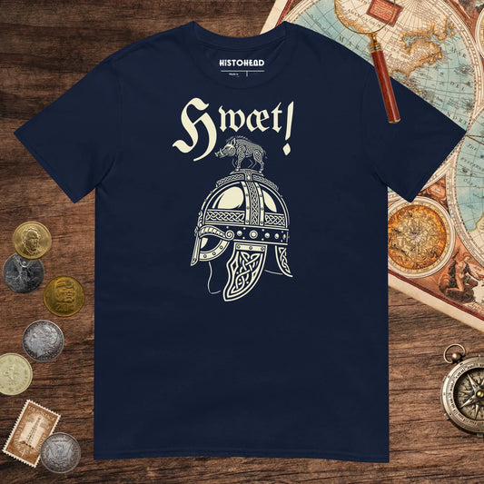 Navy Hwæt Boar-Crested Helmet Tee - history buff gift by HistoHead