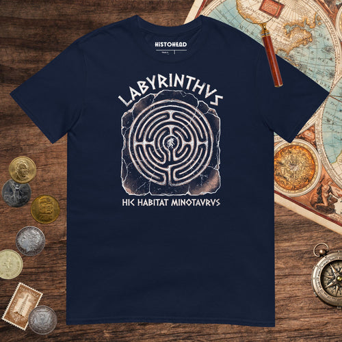 Navy Labyrinthus Here Lives Minotaur Tee - history buff gift by HistoHead