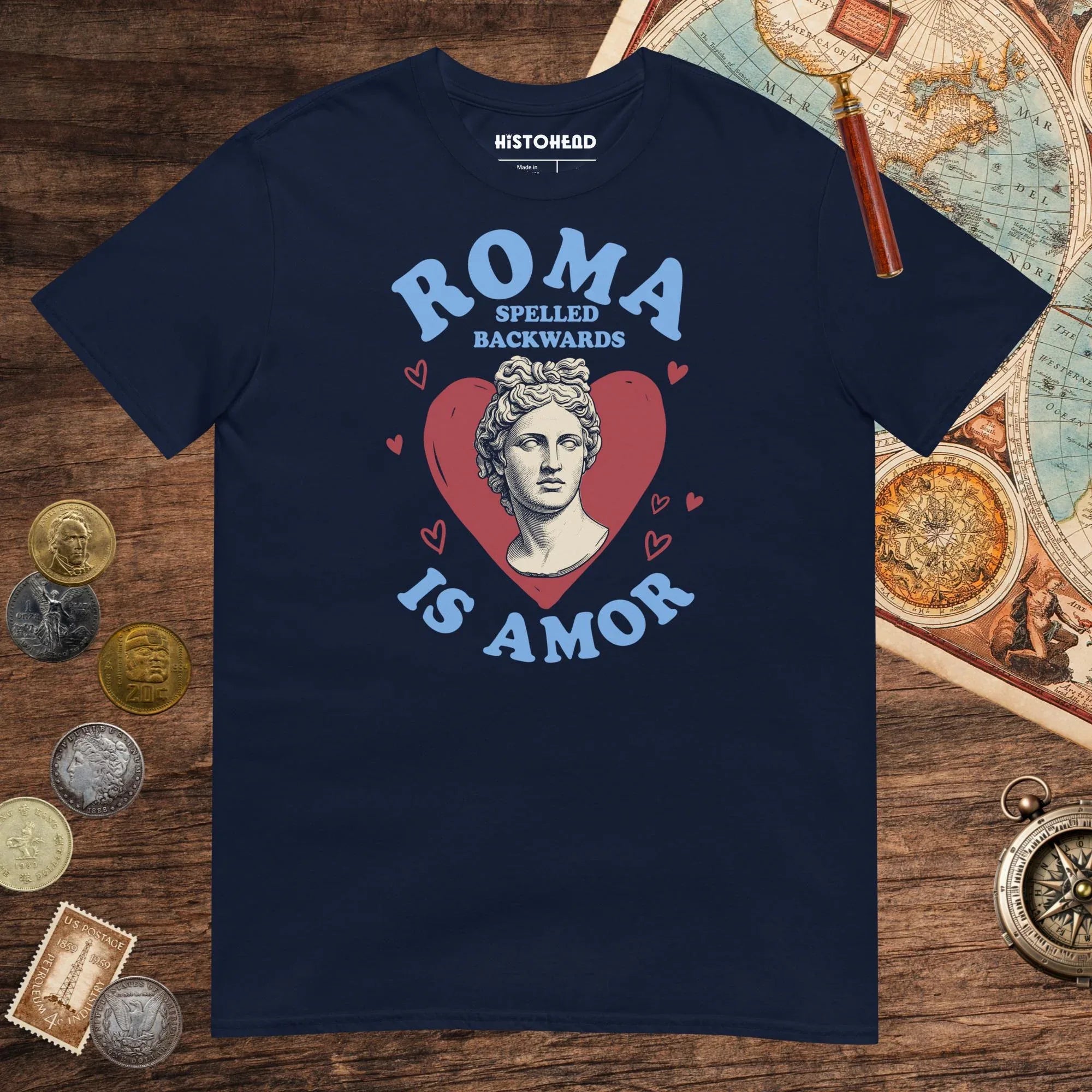 Navy Roma Spelled Backwards Is Amor Tee - history buff gift by HistoHead