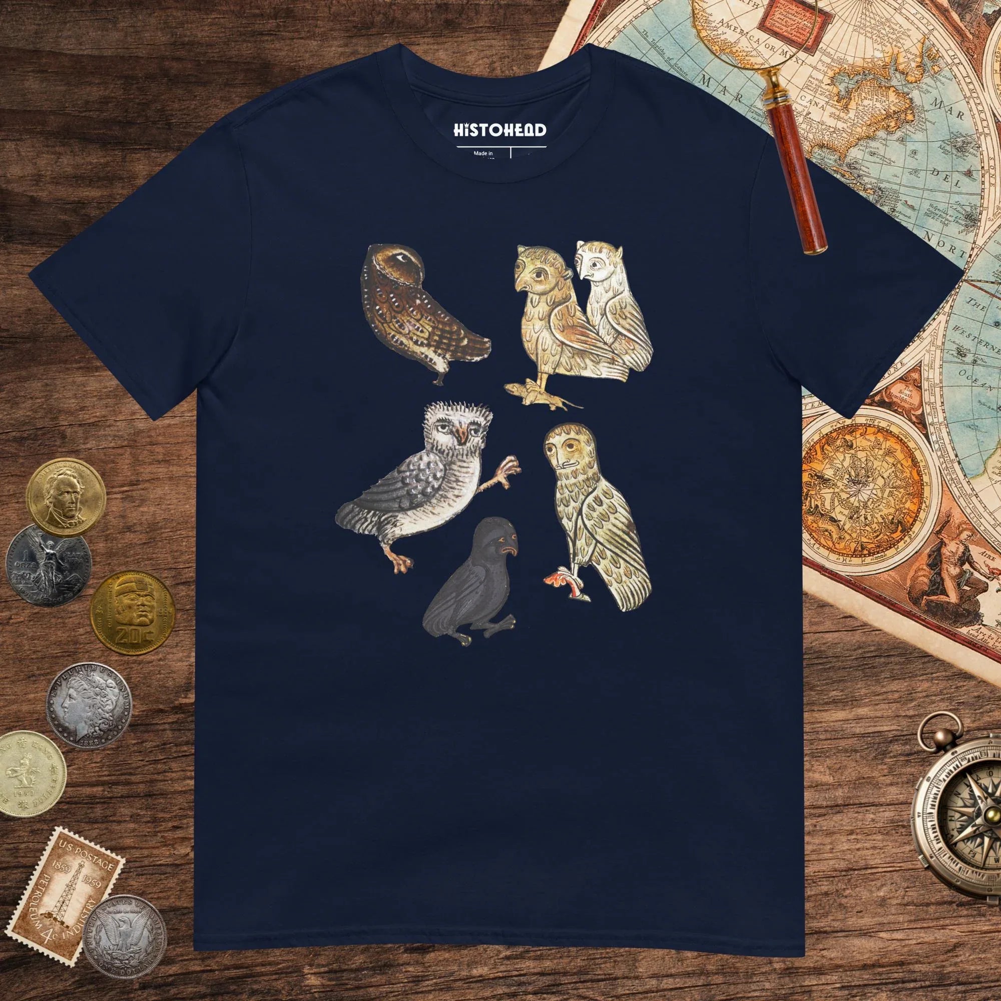 Navy Weird Medieval Owls Tee - history buff gift by HistoHead