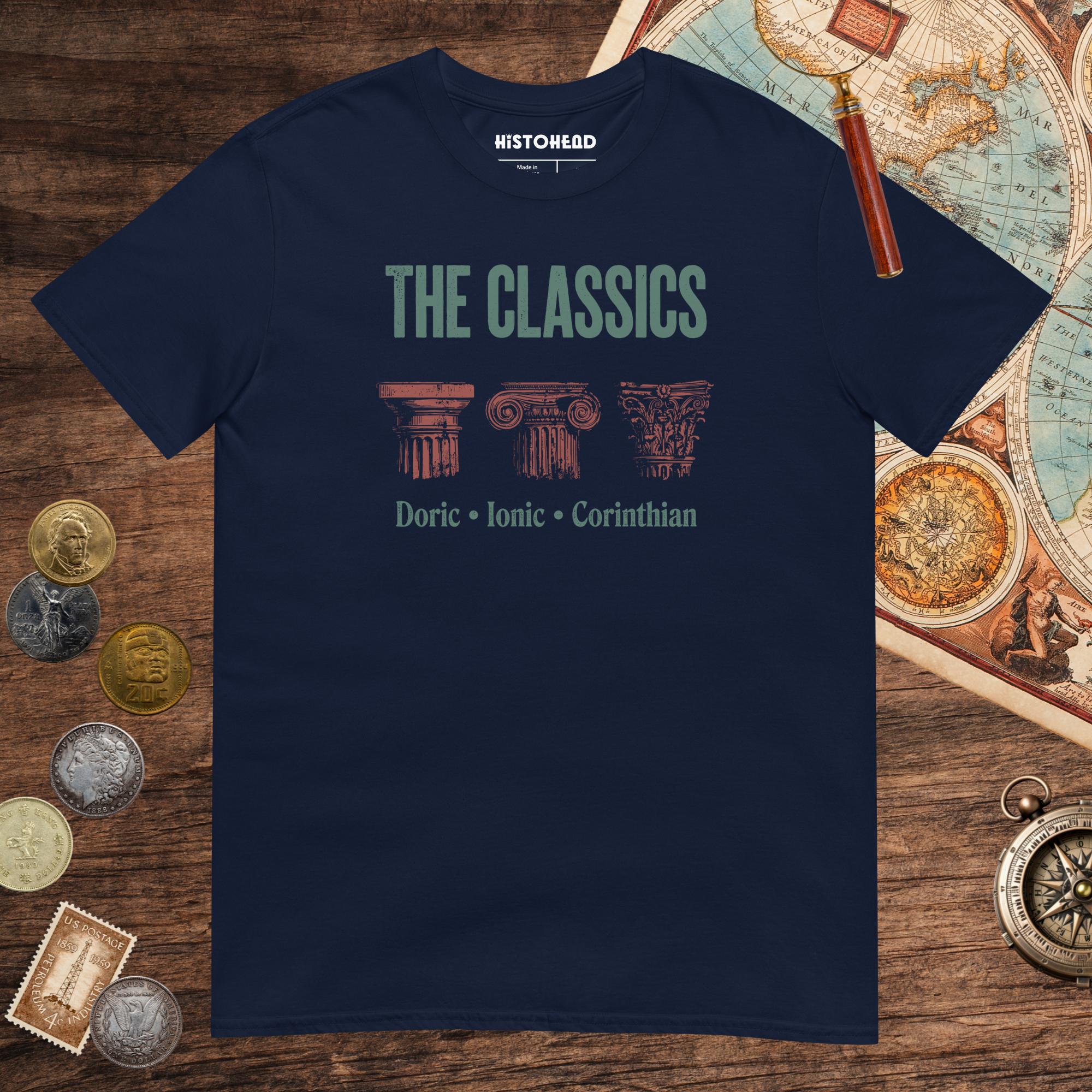 Navy The Classics Doric Ionic Corinthian Tee - history buff gift by HistoHead