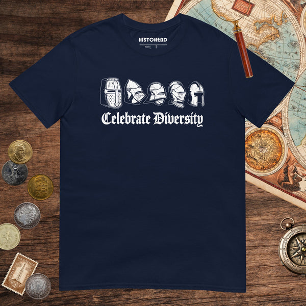 Navy Celebrate Diversity Medieval Helmets Edition Tee - history buff gift by HistoHead