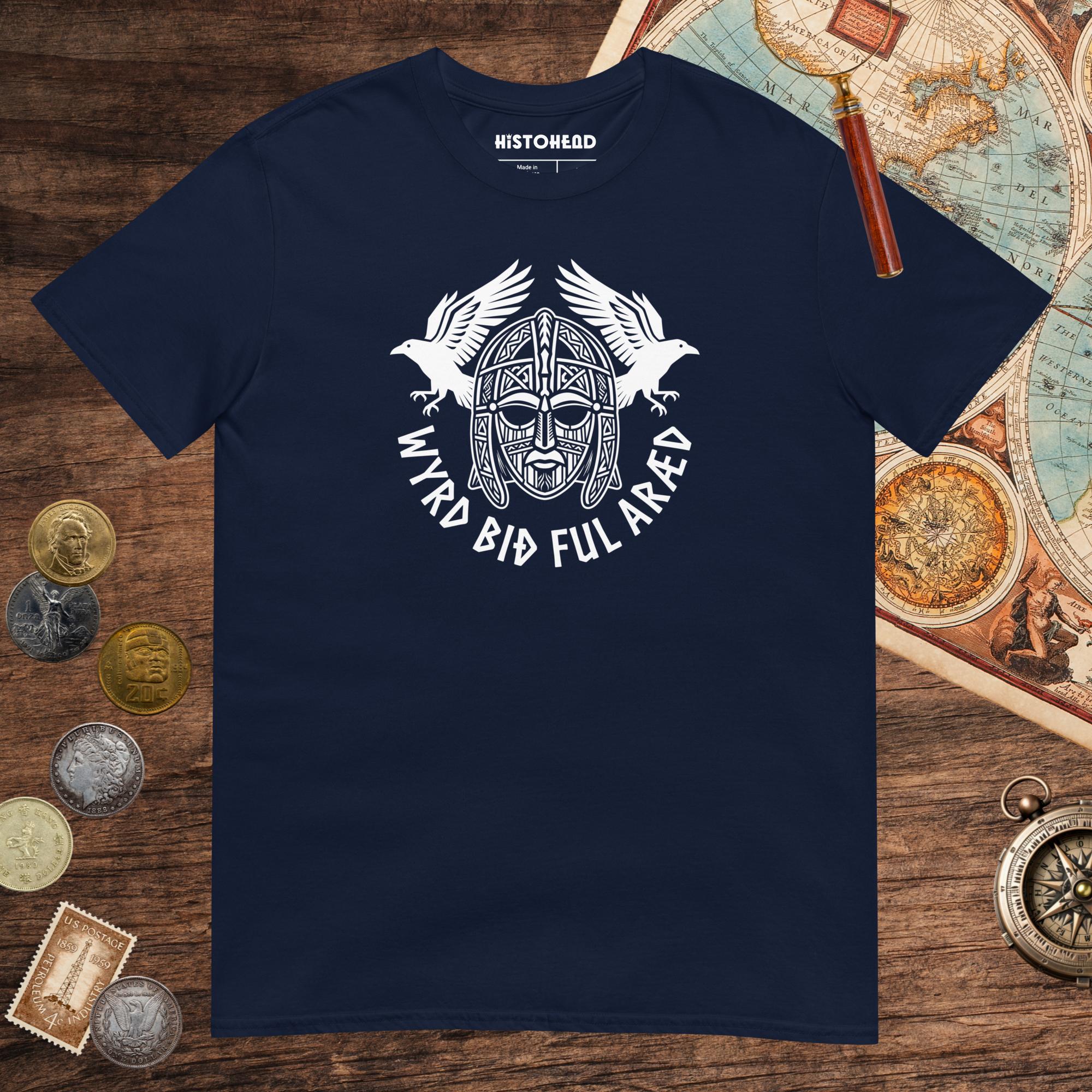 Navy Wyrd Bið Ful Aræd Sutton Hoo Helmet Edition Tee - history buff gift by HistoHead