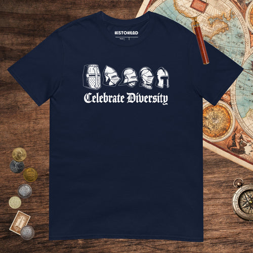Navy Celebrate Diversity Medieval Helmets Edition Tee - history buff gift by HistoHead