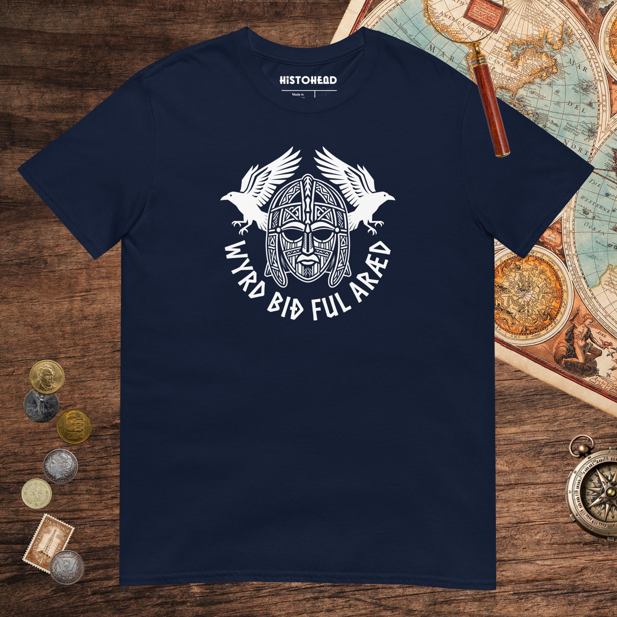 Navy Wyrd Bið Ful Aræd Sutton Hoo Helmet Edition Tee - history buff gift by HistoHead