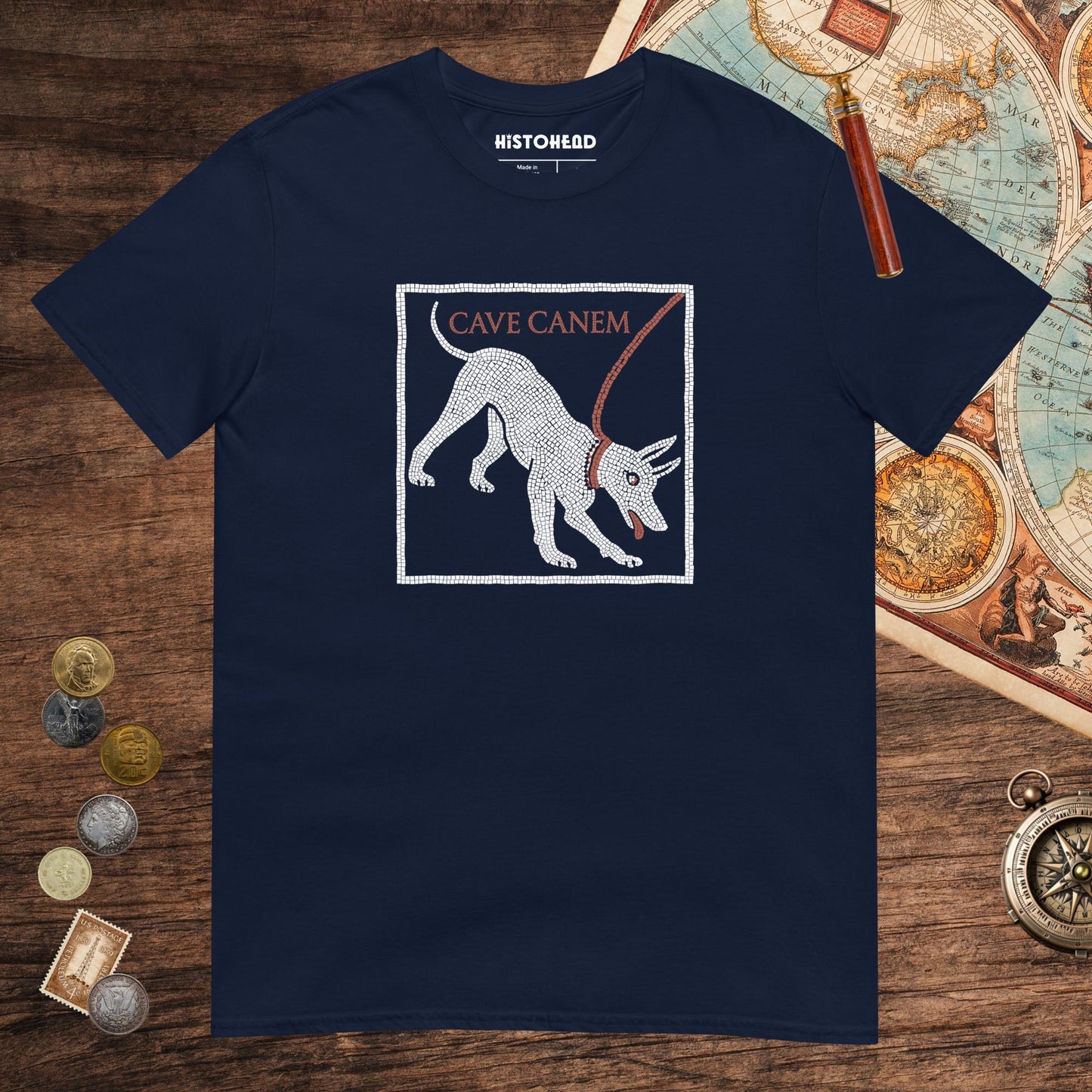 Navy Cave Canem Pompeii Mosaic Tee - history buff gift by HistoHead