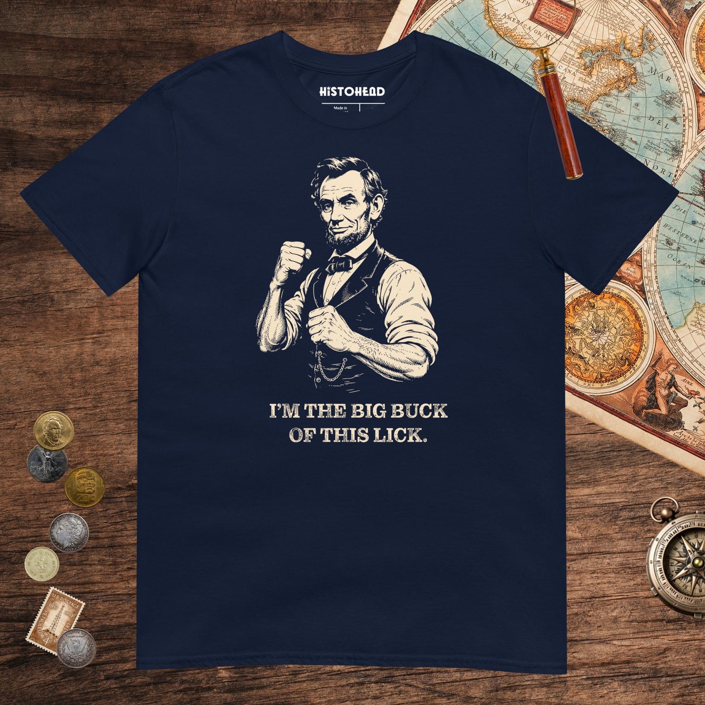 Navy Lincoln The Big Buck Tee - history buff gift by HistoHead