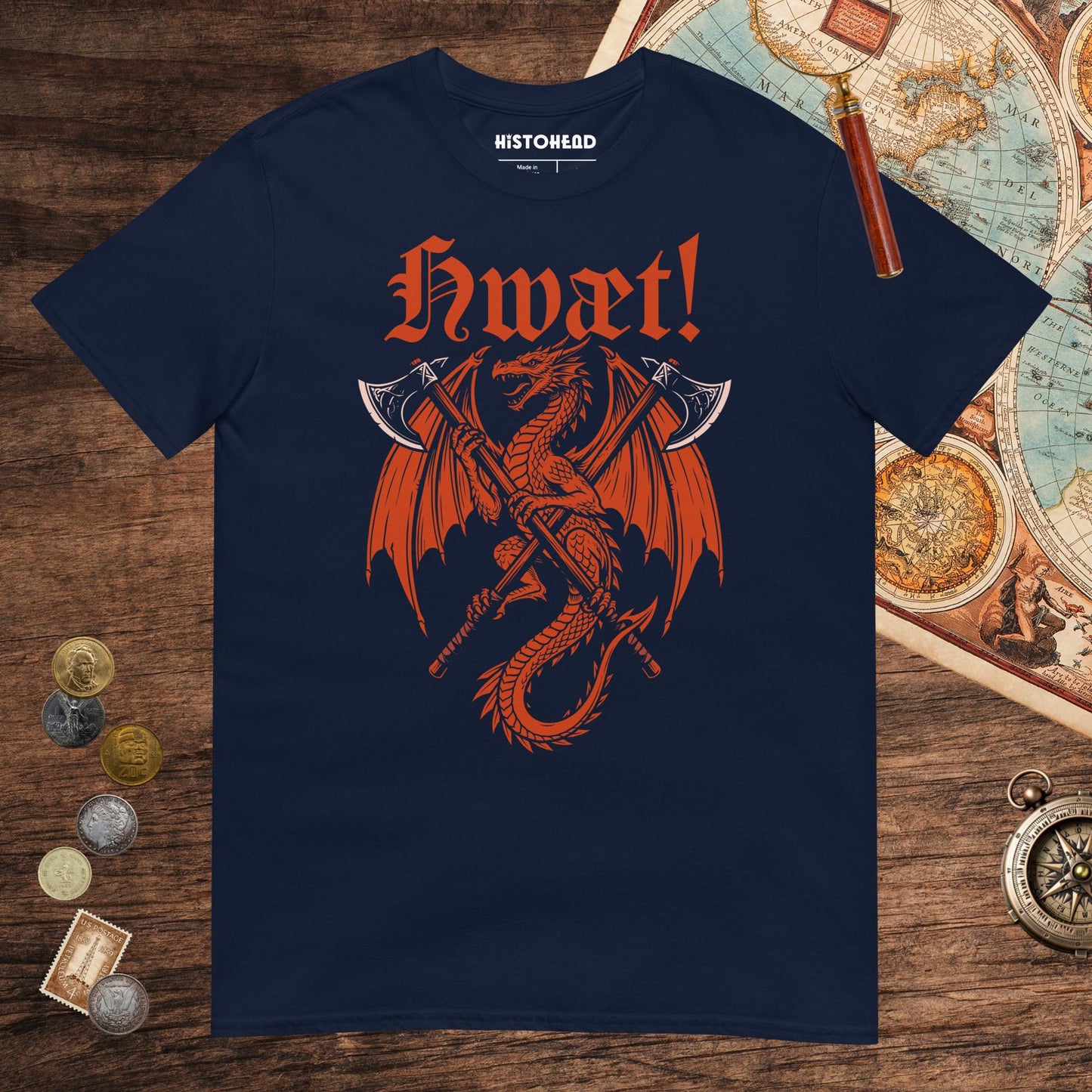 Navy Hwæt Dragon Axe Tee - history buff gift by HistoHead