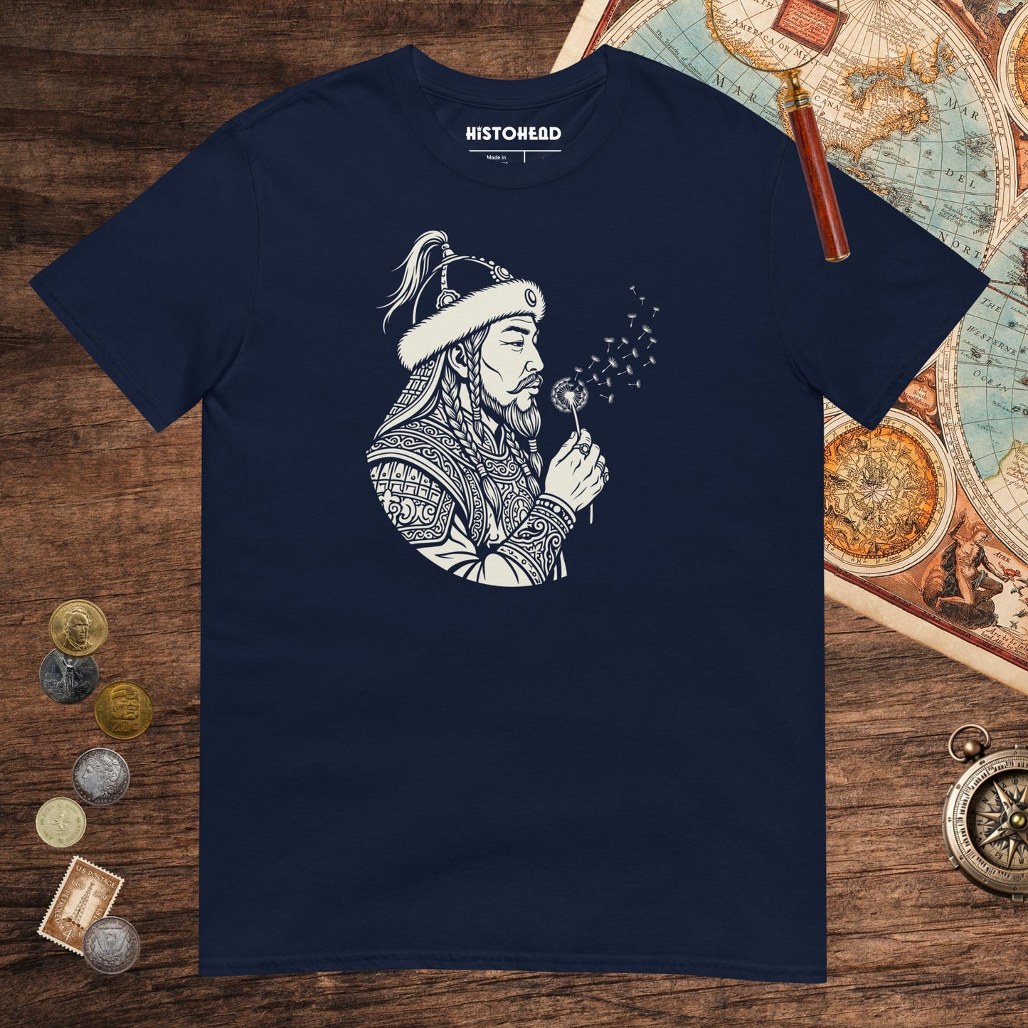 Navy Genghis Khan Blowing Wishes Tee - history buff gift by HistoHead