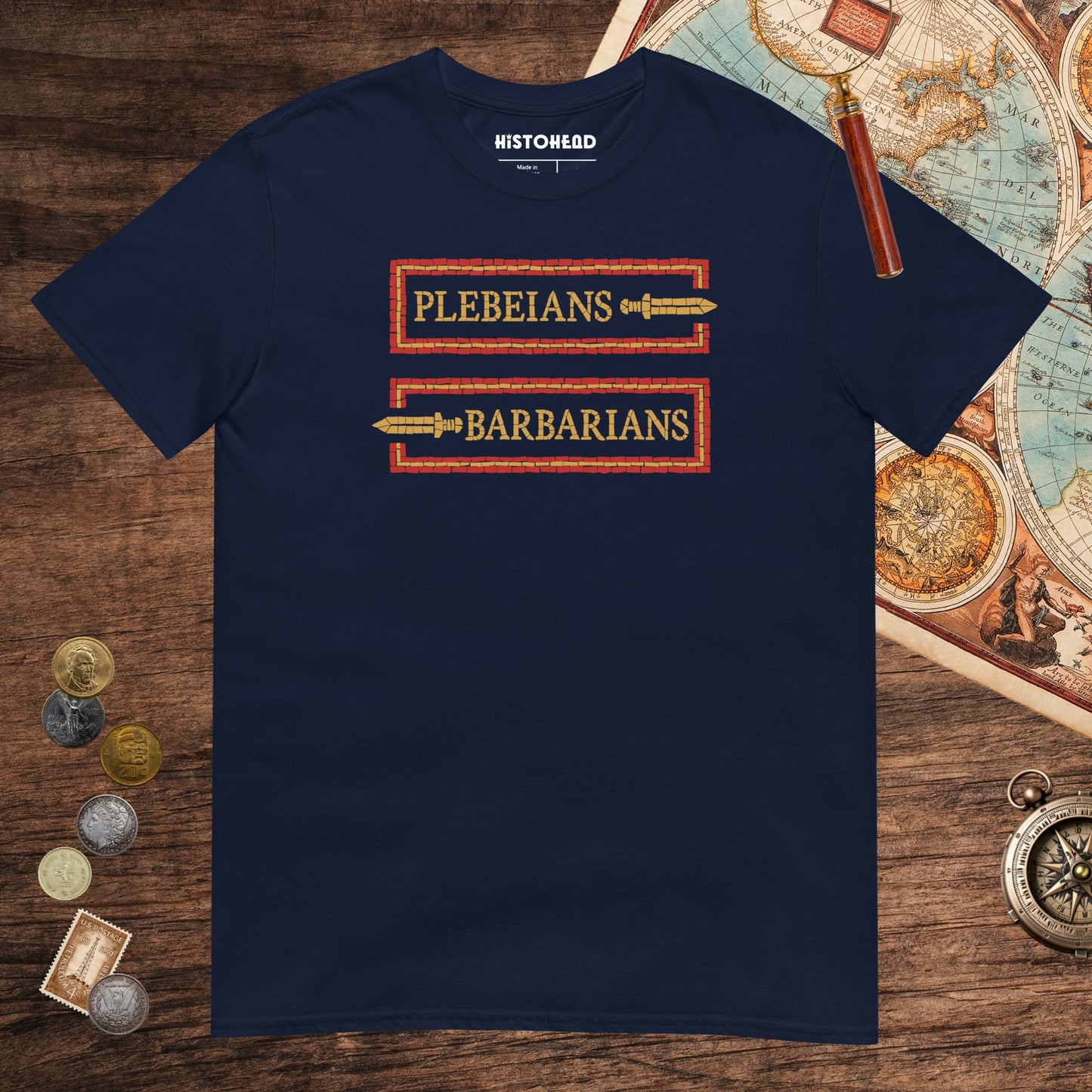 Navy Mosaic Plebeians or Barbarians Tee - history buff gift by HistoHead