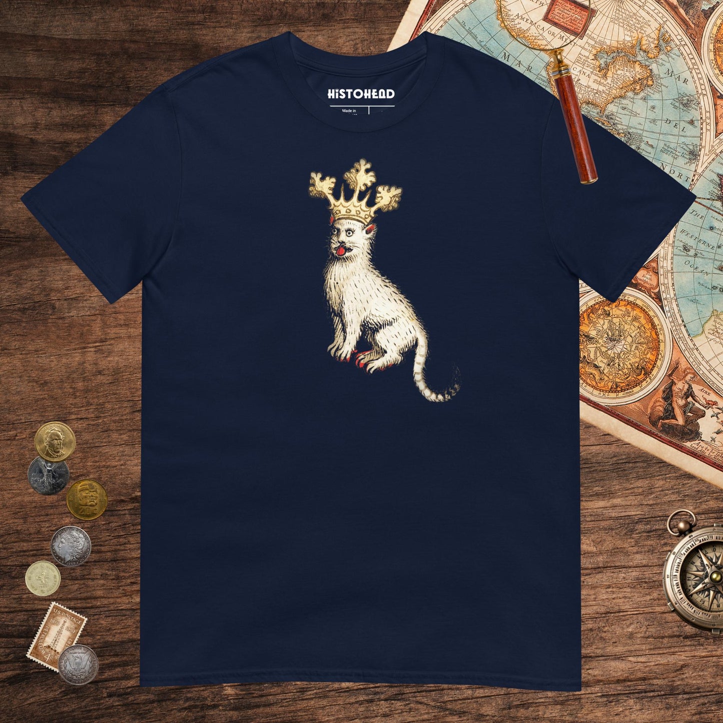 Navy Medieval Cat King Tee - history buff gift by HistoHead
