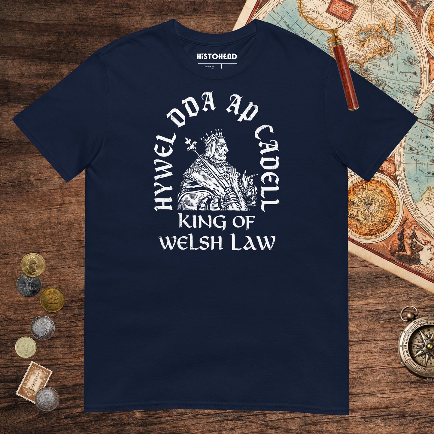 Navy Hywel Dda King of Welsh Law Tee - history buff gift by HistoHead