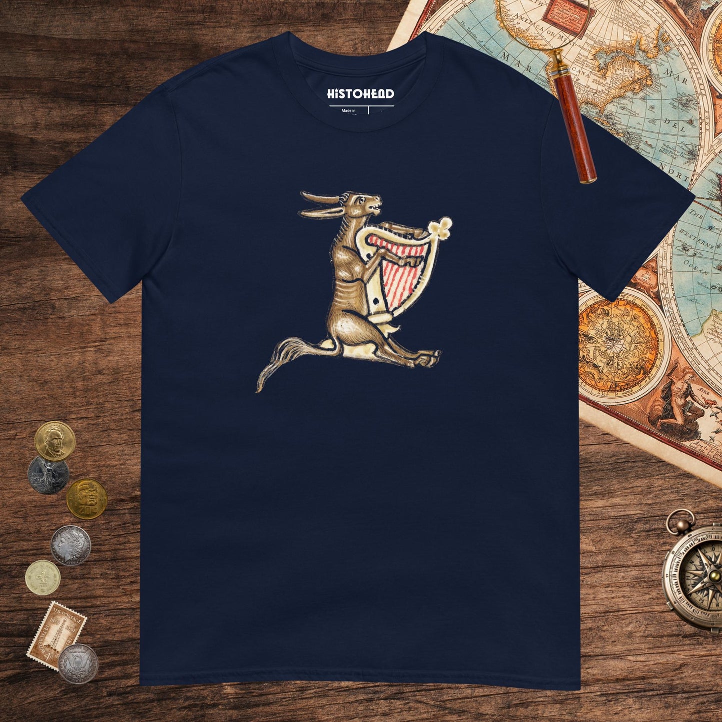 Navy Weird Medieval Donkey Harpist Tee - history buff gift by HistoHead